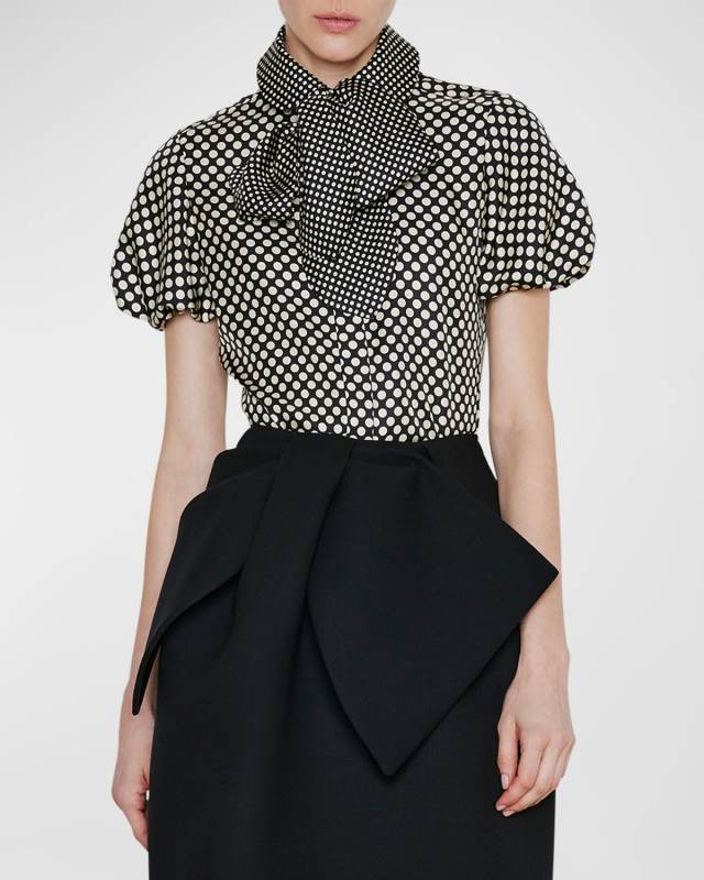 Polka-Dot Puff-Sleeve Scarf Silk Shirt
