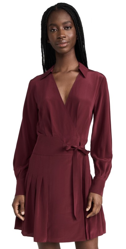 Jason Wu Long Sleeve Silk V Neck Pleated Dress Bordeaux