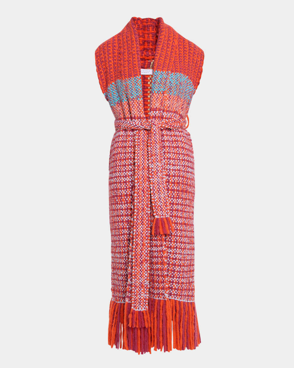 Teagan Check Cashmere-Knit Belted Long Vest
