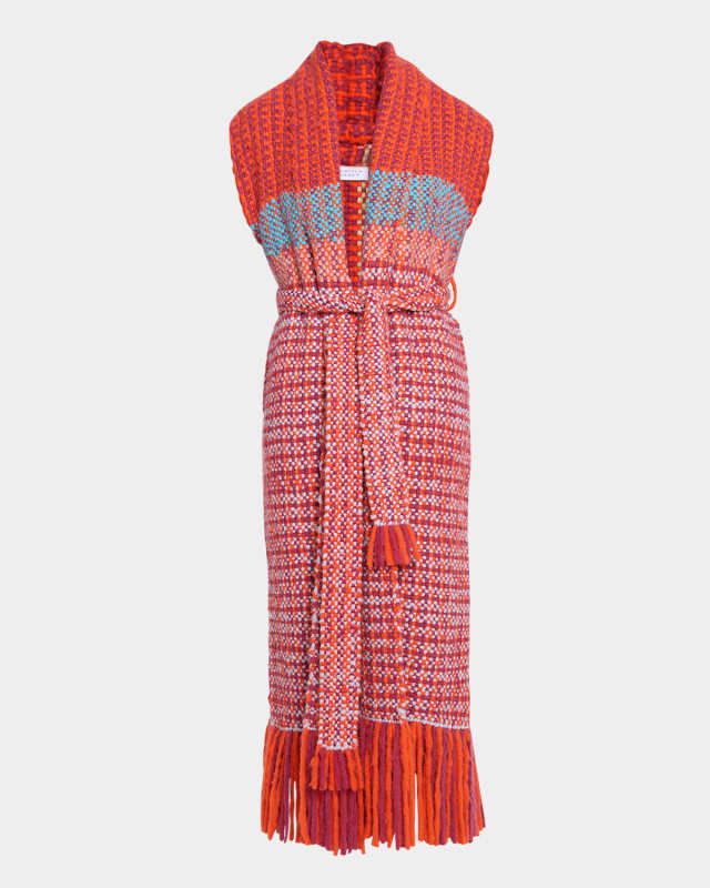 Teagan Check Cashmere-Knit Belted Long Vest