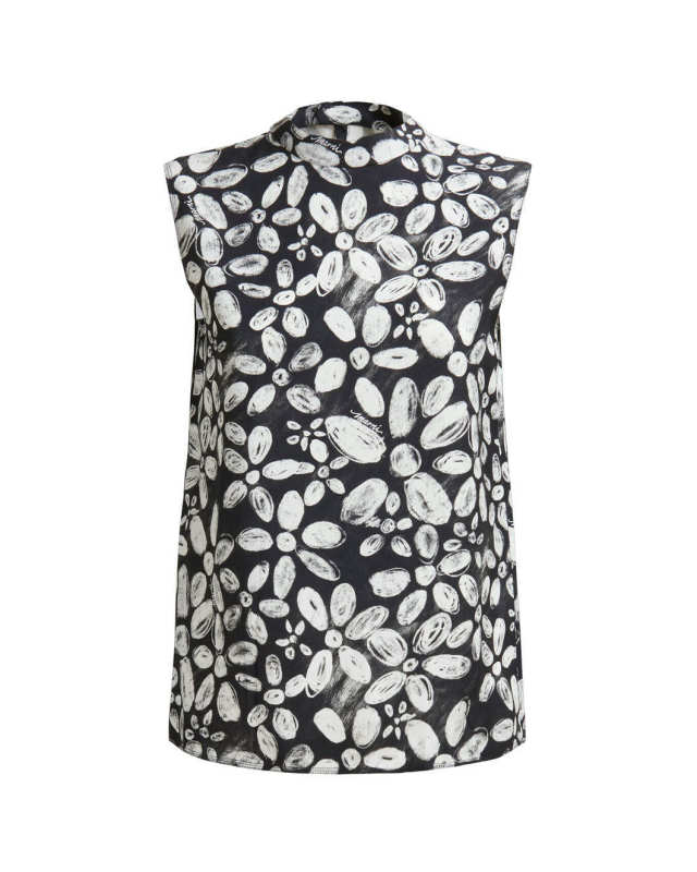 Black Satin-Back Crepe Sleeveless Top with Blooming Print