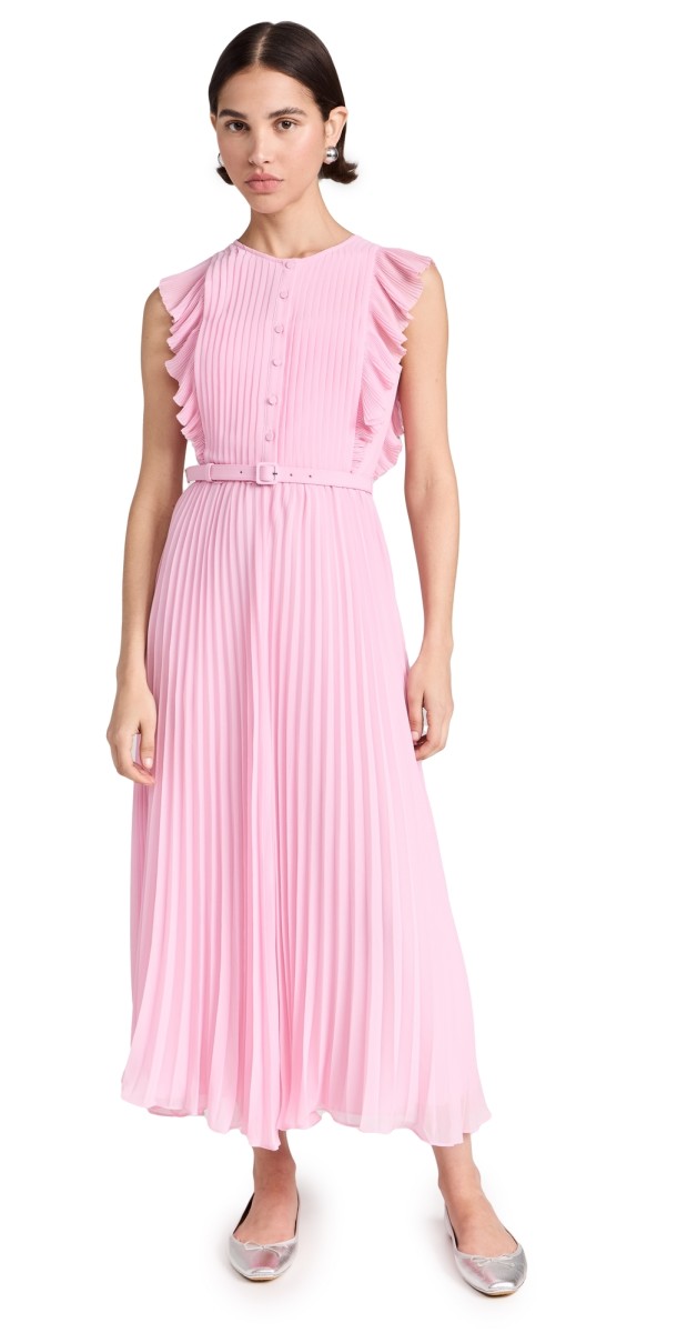 Self Portrait Pink Chiffon Sleeveless Ruffle Midi Dress Pink