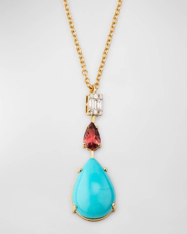 18K Yellow Gold Turquoise Pendant Necklace with Diamond and Pink Sapphire