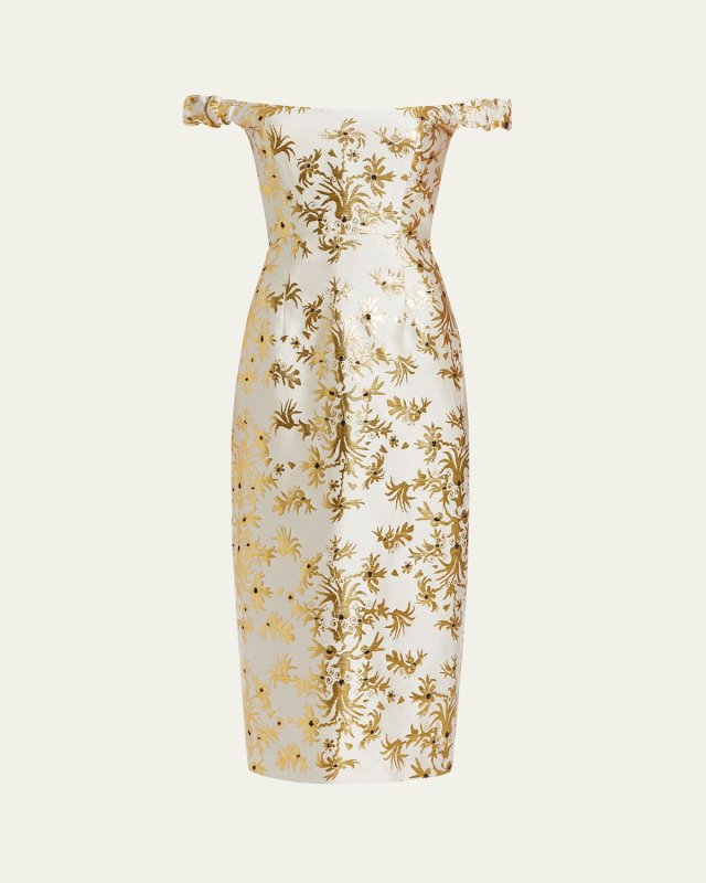 Amina Floral Brocade Off-Shoulder Midi Dress