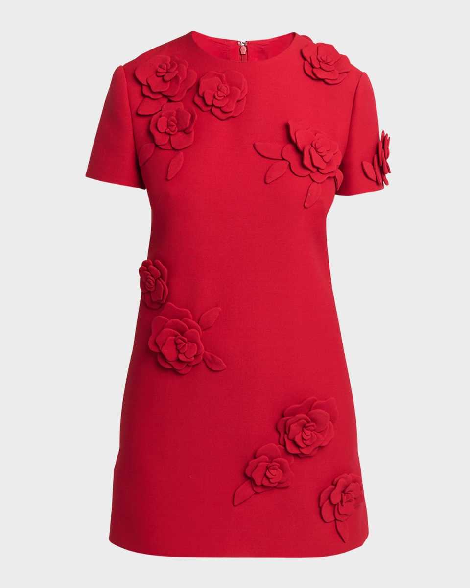 Flower Embroidered Short-Sleeve Crepe Couture Mini Dress