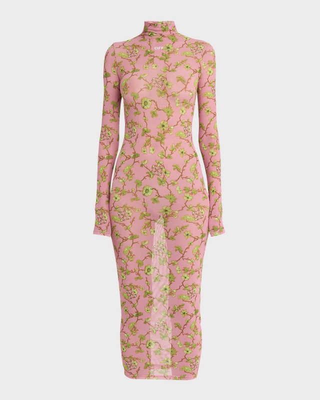 Ramage Arrow Floral Tulle Long-Sleeve Midi Dress