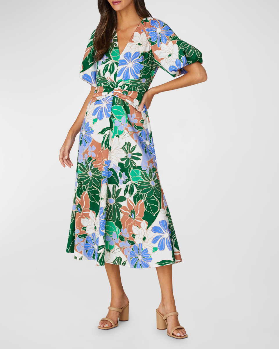 Jacqueline Puff-Sleeve Stretch Cotton Midi Dress