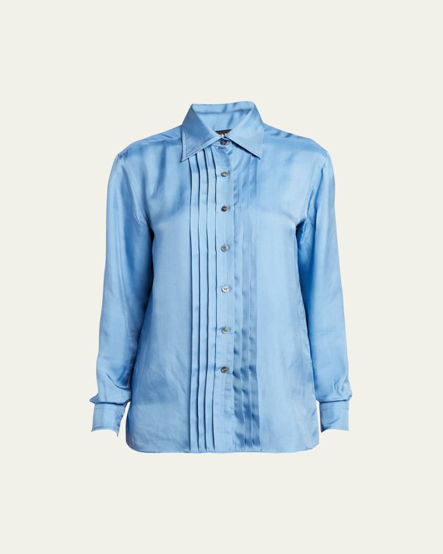 Pleated Silk Button-Front Blouse