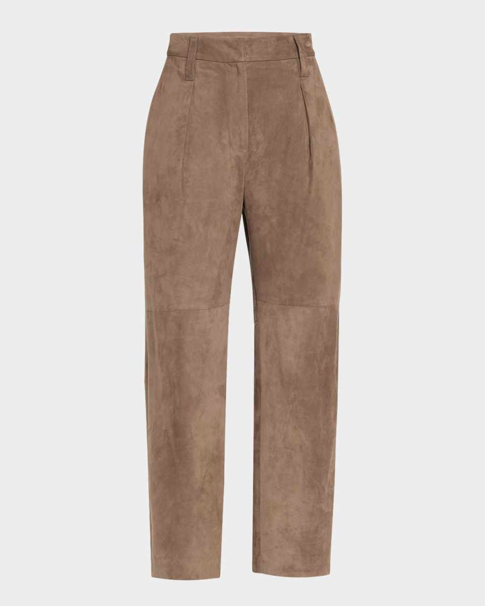 Pleated Suede Straight-Leg Ankle Trousers
