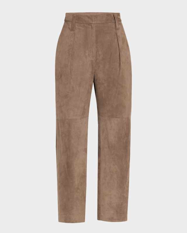 Pleated Suede Straight-Leg Ankle Trousers
