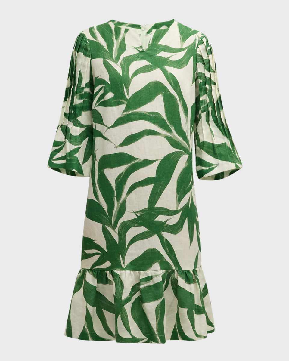Leaf-Print Ruffle Linen Dress