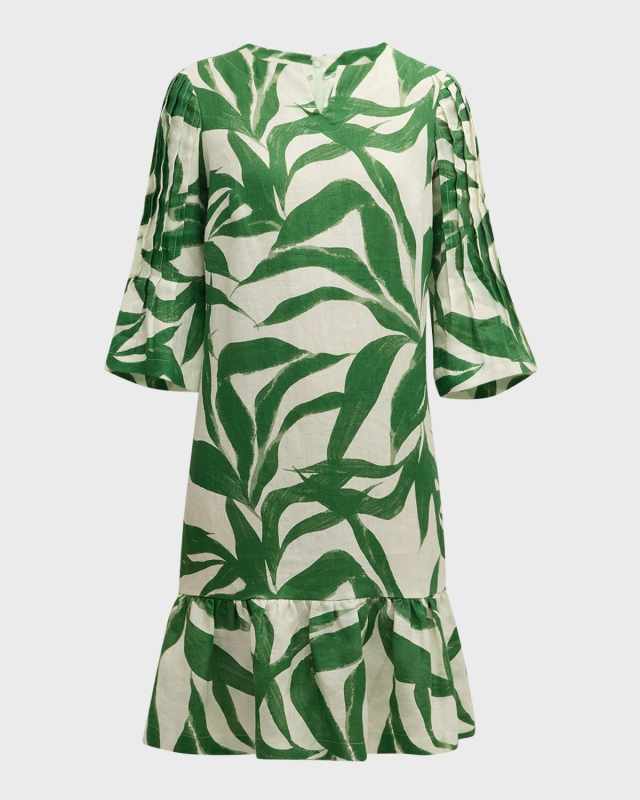 Leaf-Print Ruffle Linen Dress