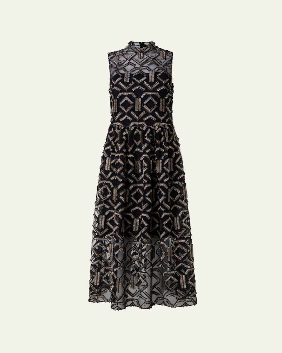 Gold Fringe Embroidered Tulle Midi Dress