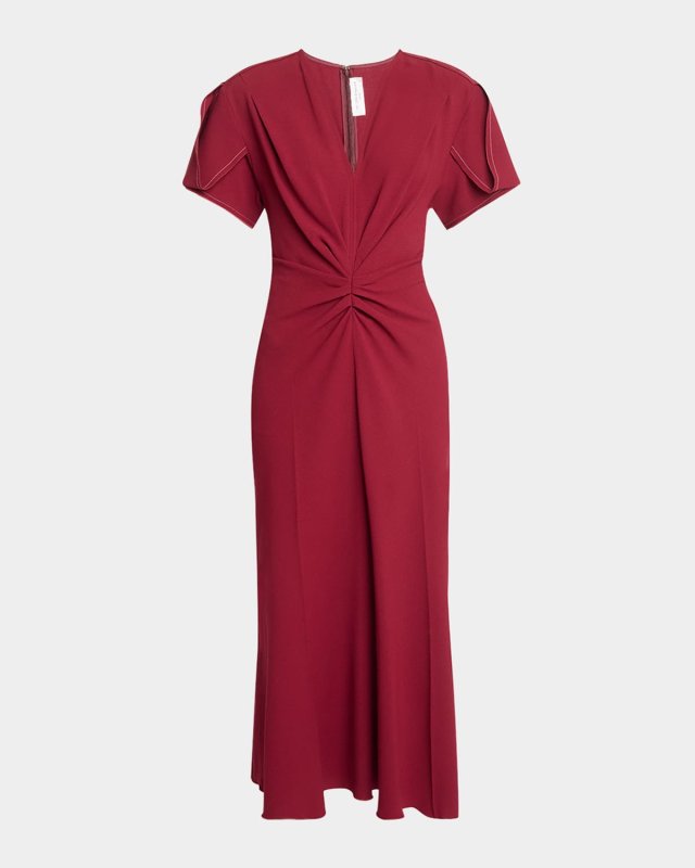 Gathered V-Neck Midi Dress