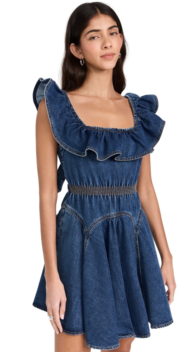 Self Portrait Denim Ruffle Mini Dress Mid Blue