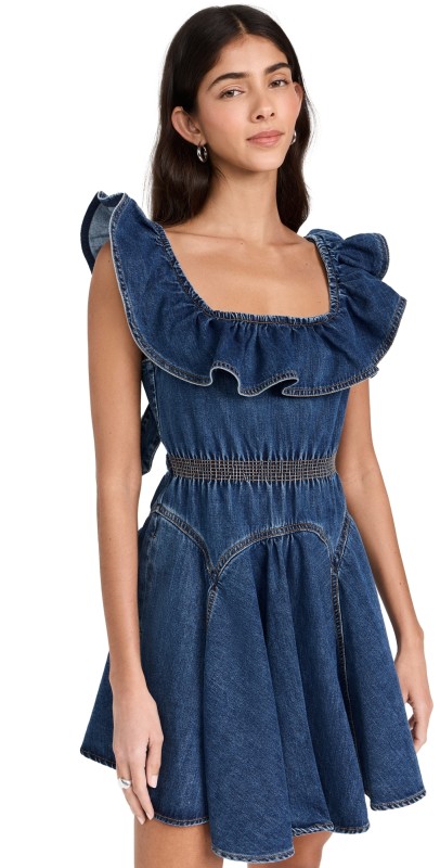 Self Portrait Denim Ruffle Mini Dress Mid Blue
