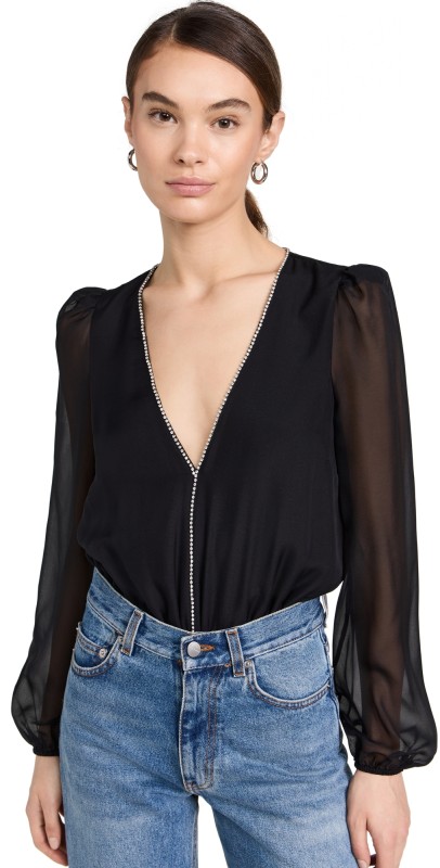 CAMI NYC Ingrid Crystal Thong Bodysuit Black