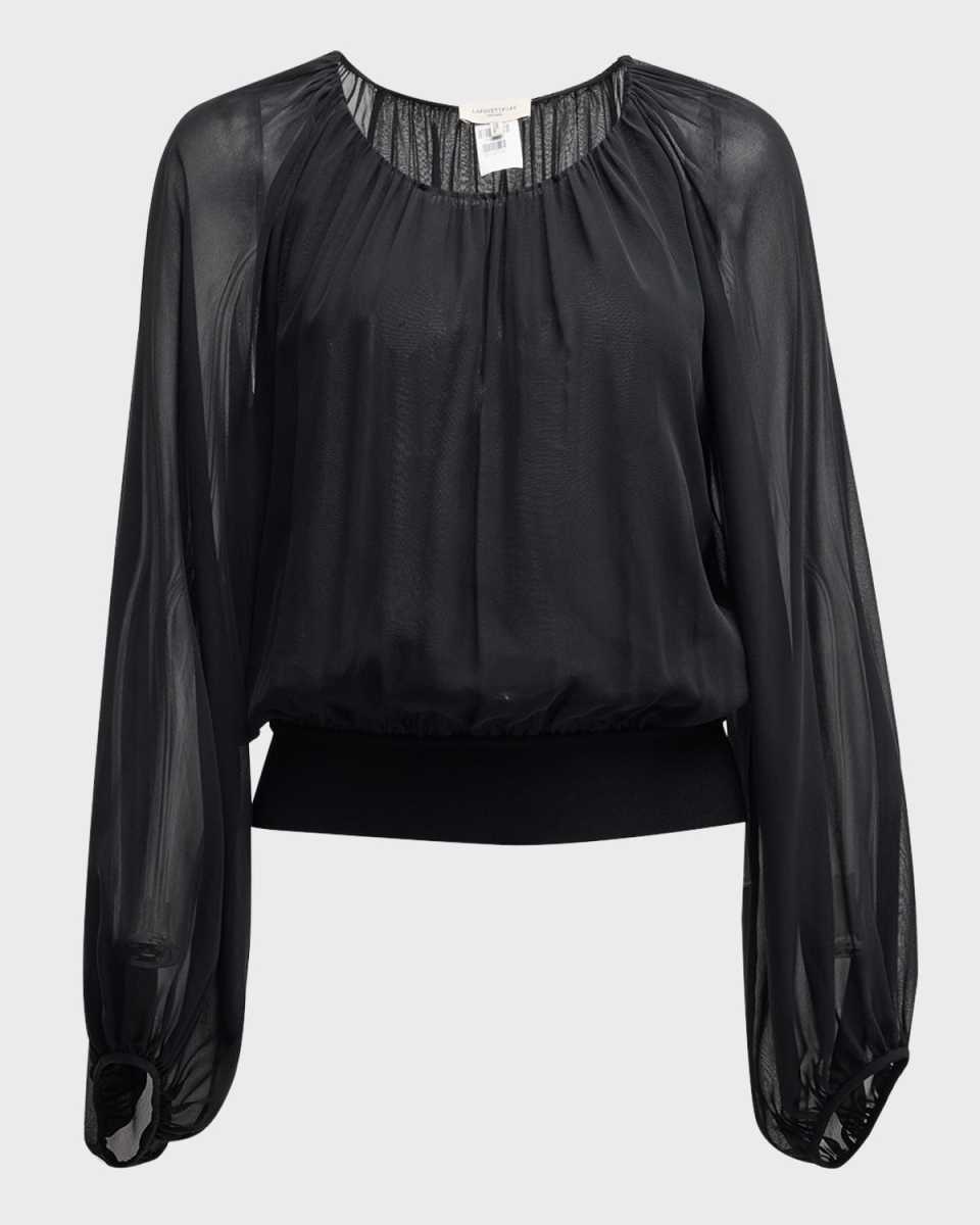 Ruched Balloon-Sleeve Silk Georgette Blouse