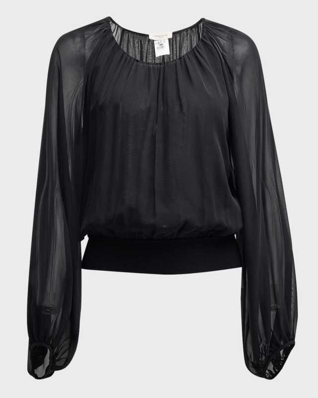 Ruched Balloon-Sleeve Silk Georgette Blouse