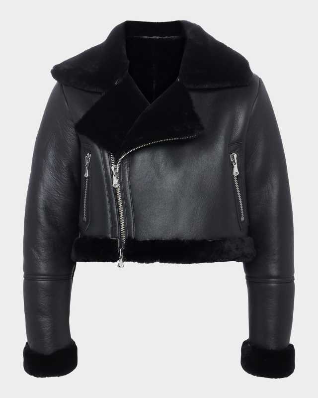 Pike Cropped Lambskin Leather Jacket with Shearling Tr