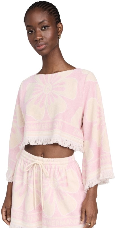 Zimmermann Pop Long Sleeve Towelling Crop Top Pink/Cream