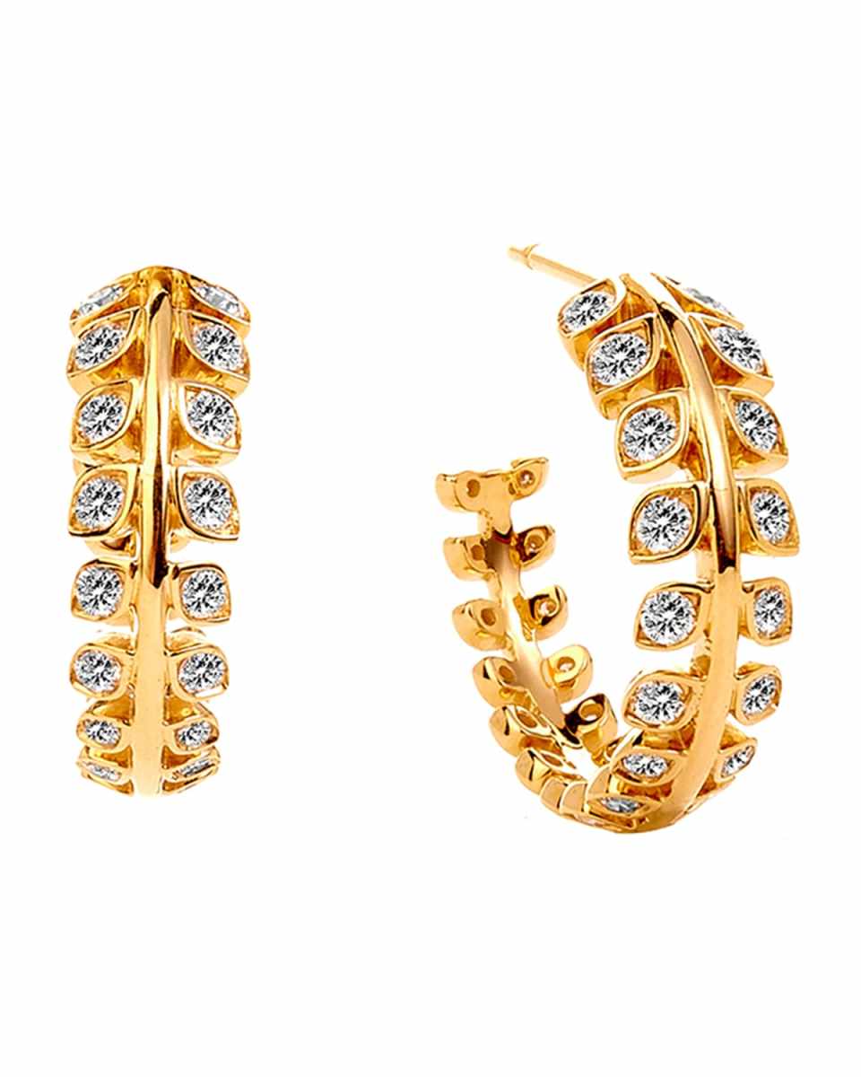 18K Yellow Gold Jardin Leaf Hoop Earrings with Champagne Diamonds