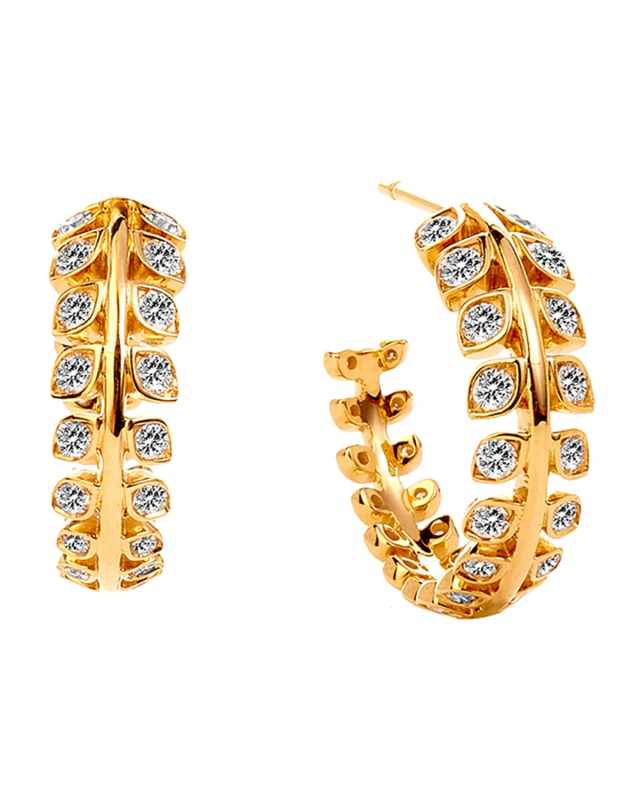 18K Yellow Gold Jardin Leaf Hoop Earrings with Champagne Diamonds