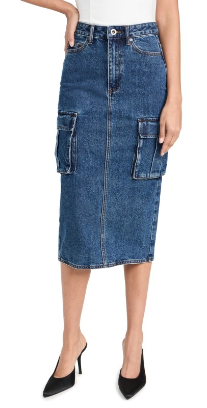 Self Portrait Denim Cargo Midi Skirt Mid Blue
