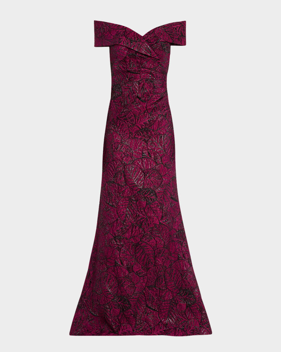 Off-Shoulder Metallic Leaf Jacquard Gown