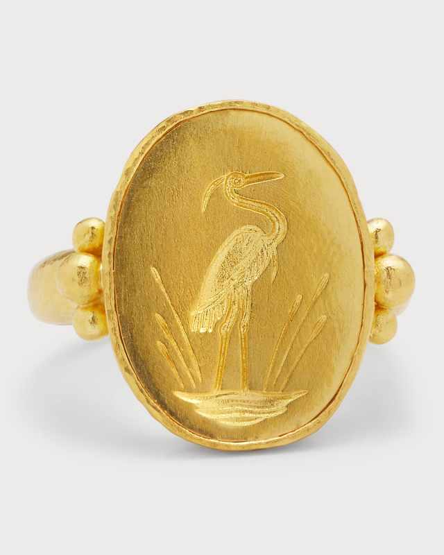 19K Oval "Crane" Ring with Triads, Size
