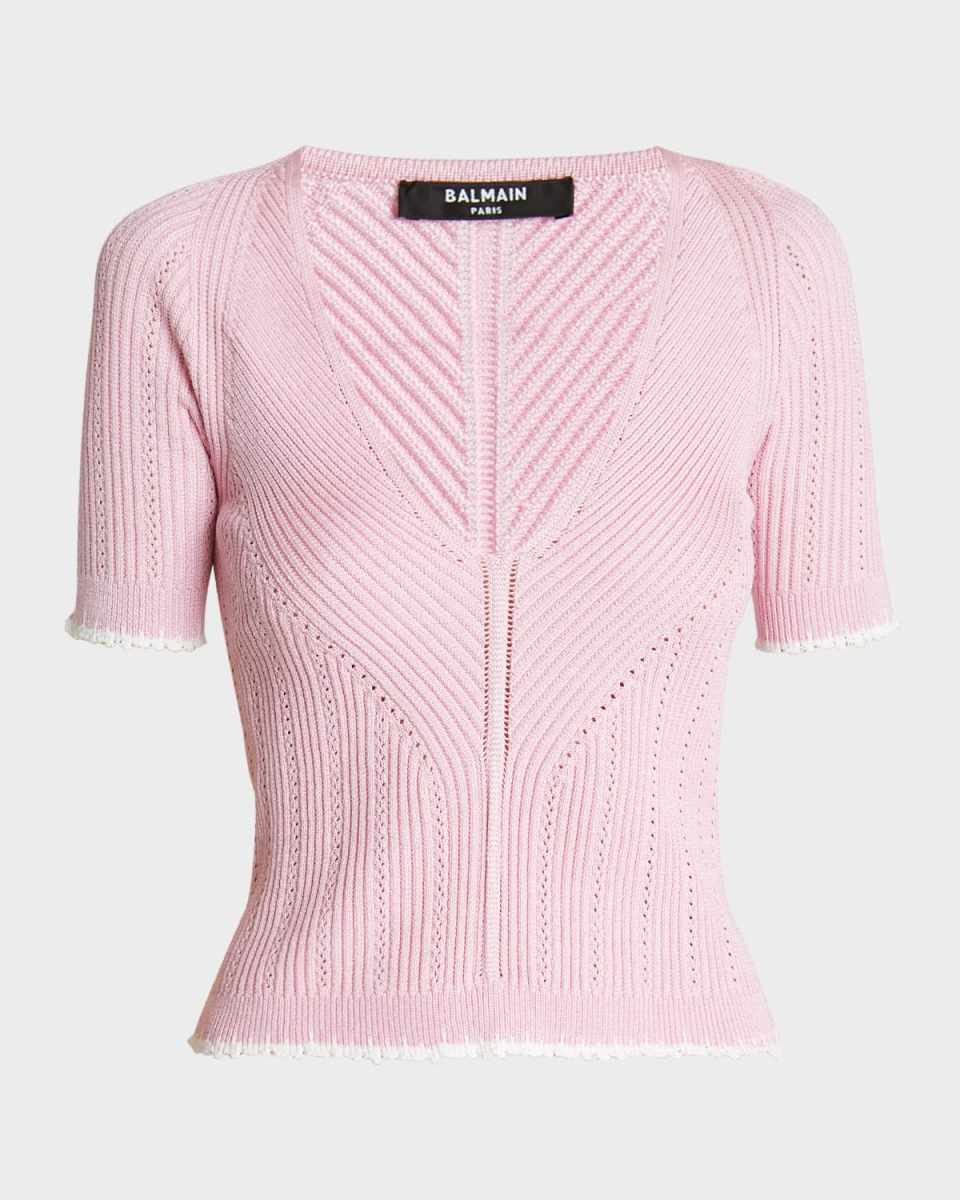 V-Neck Short-Sleeve Pointelle Knit Top