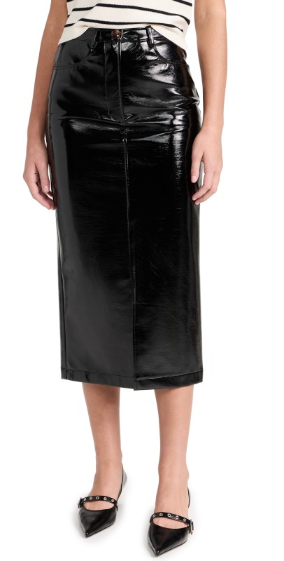 KITRI Penny Black Vinyl Midi Skirt Black