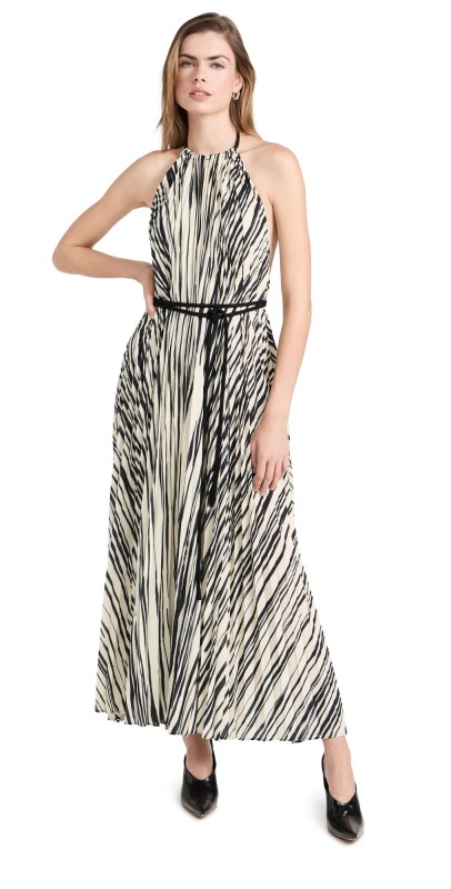 Proenza Schouler Frida Halter Dress In Printed Sheer Pleated Chiffon Ecru Multi
