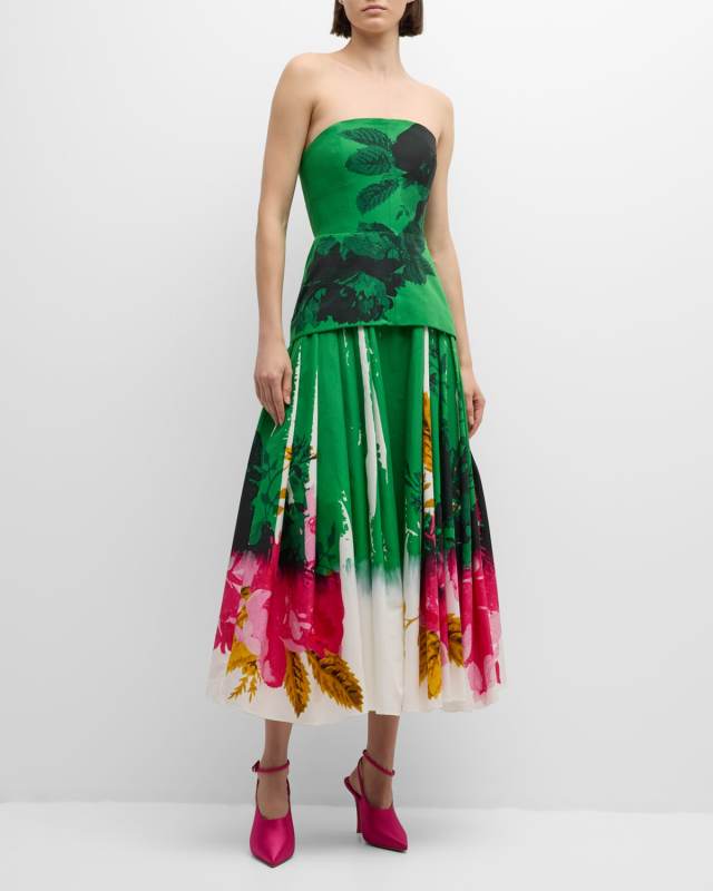 Floral-Print Strapless Corset Full-Skirt Midi Cocktail Dress
