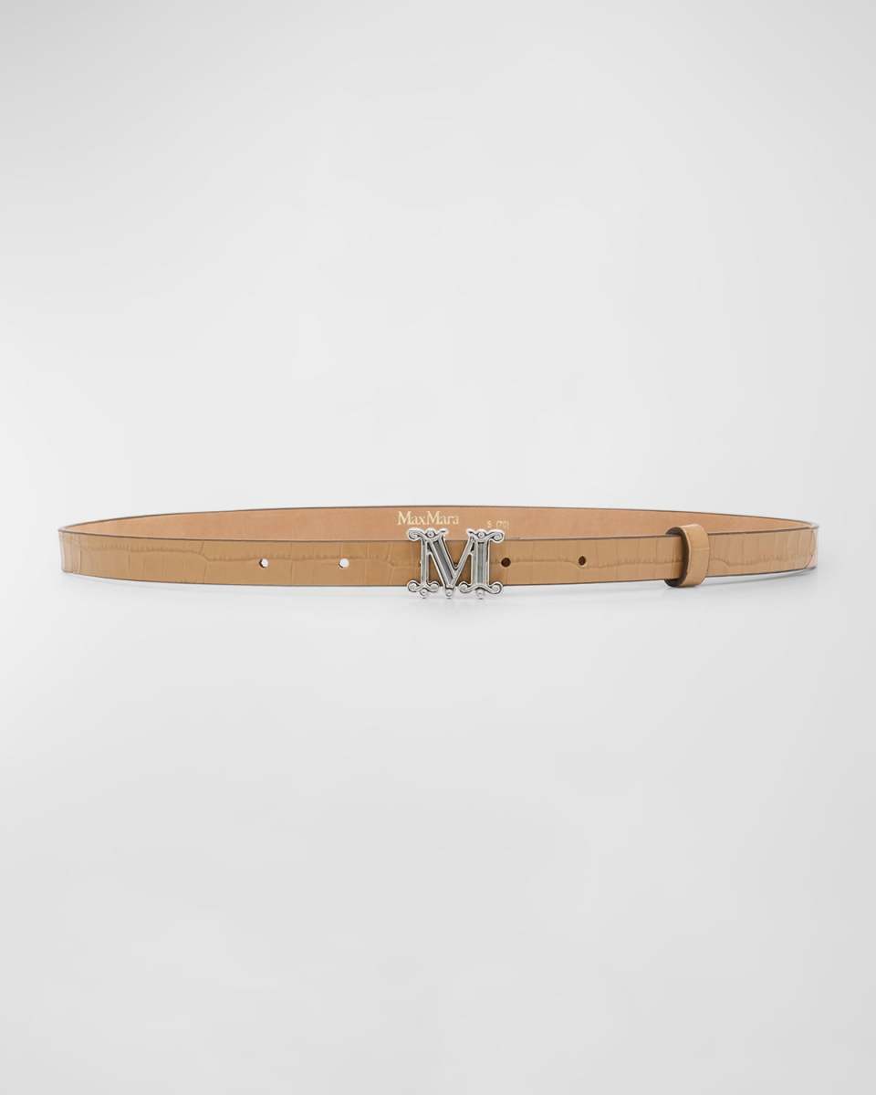 Croc-Embossed Brown Leather Skinny Belt