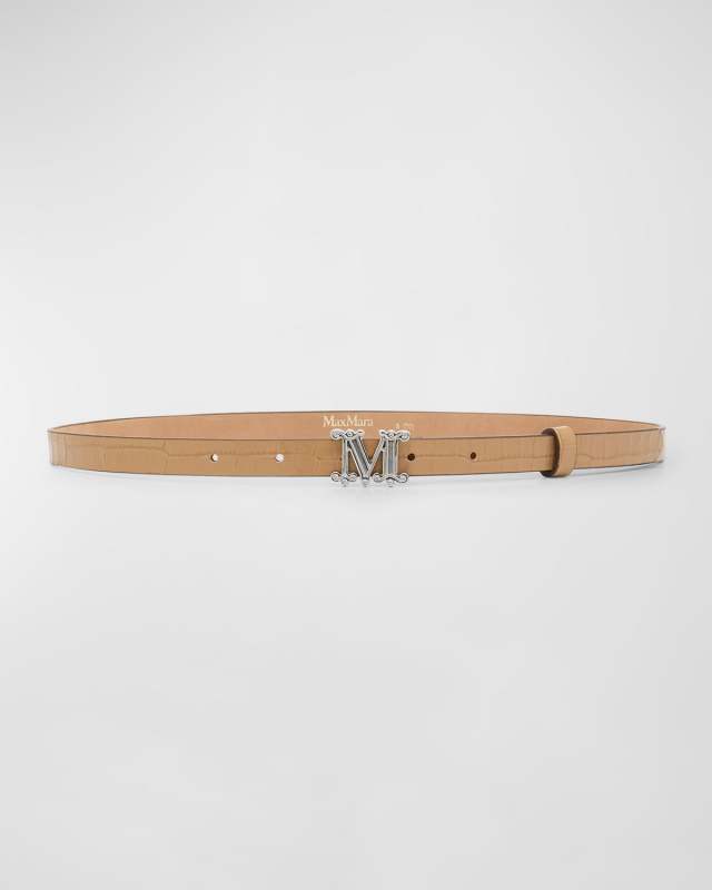 Croc-Embossed Brown Leather Skinny Belt