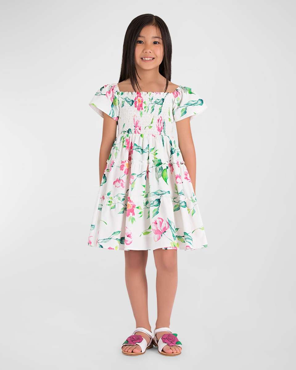 Girl's Floral Summer Smocked Cotton Mini Dress, Size 3T-10