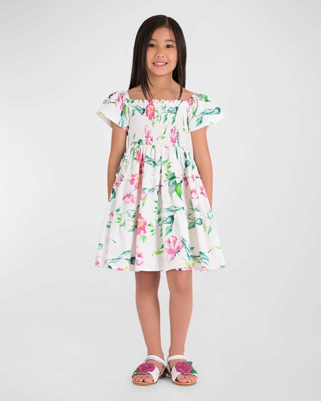 Girl's Floral Summer Smocked Cotton Mini Dress, Size 3T-10