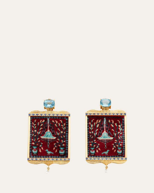 Yellow Gold Mini Carpet Earrings with Diamond and Turquoise