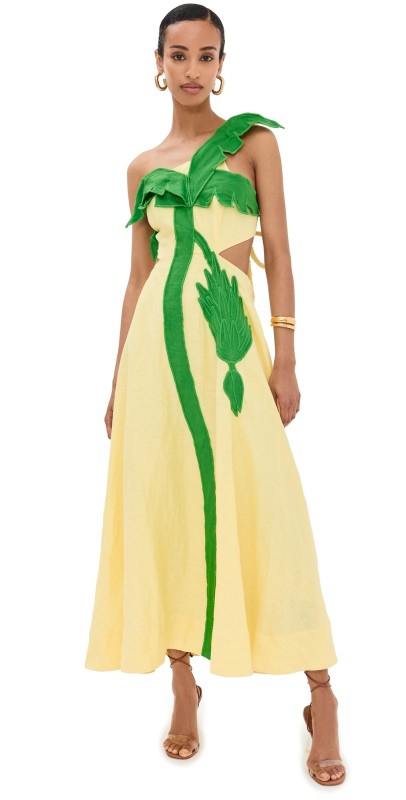 FARM Rio Palm Tree Cutwork Midi Dress Yellow