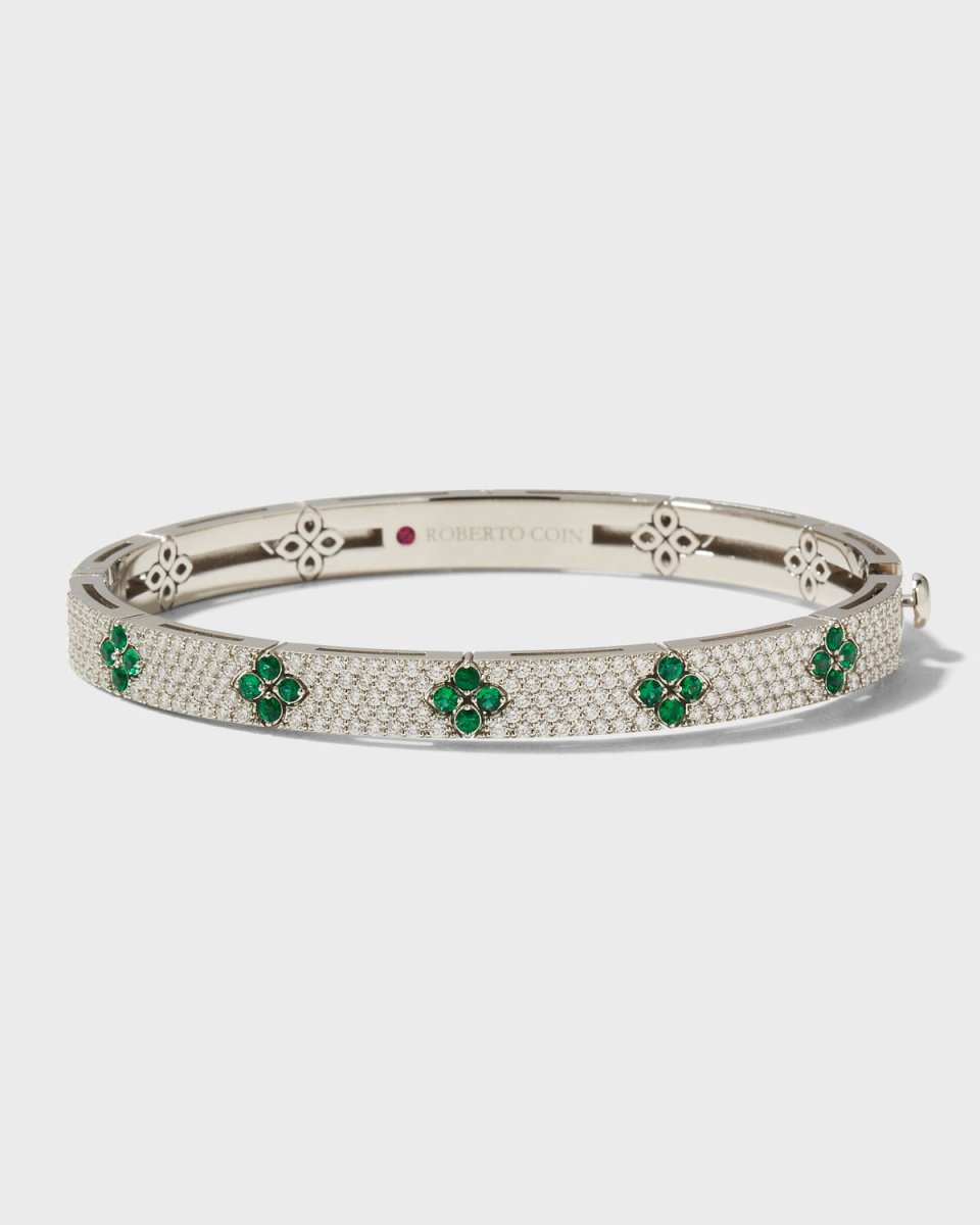 18K White Gold Love in Verona Diamond and Emerald Bangle