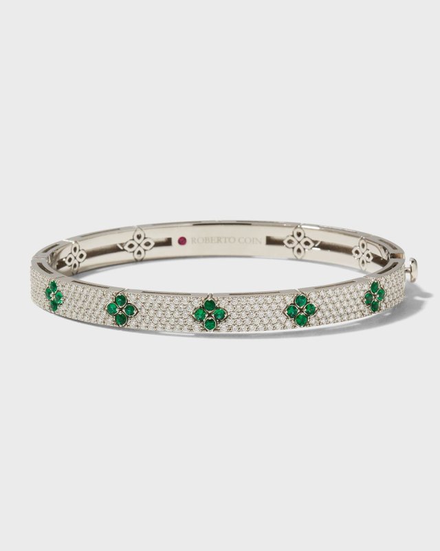 18K White Gold Love in Verona Diamond and Emerald Bangle