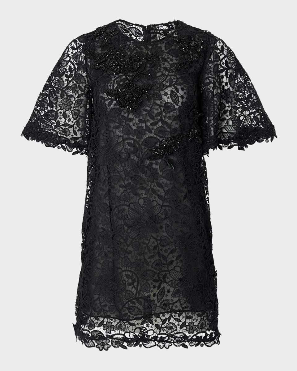 Beaded Flutter-Sleeve Lace Mini Shift Dress
