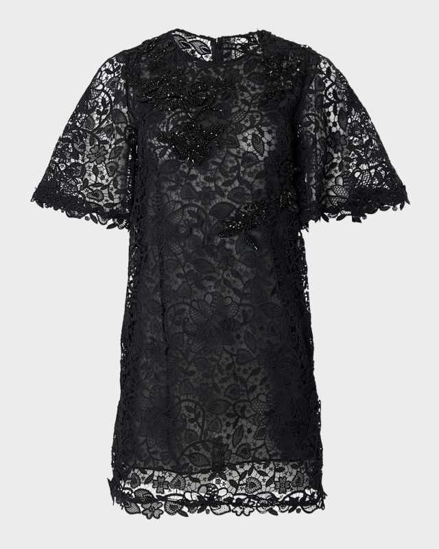 Beaded Flutter-Sleeve Lace Mini Shift Dress