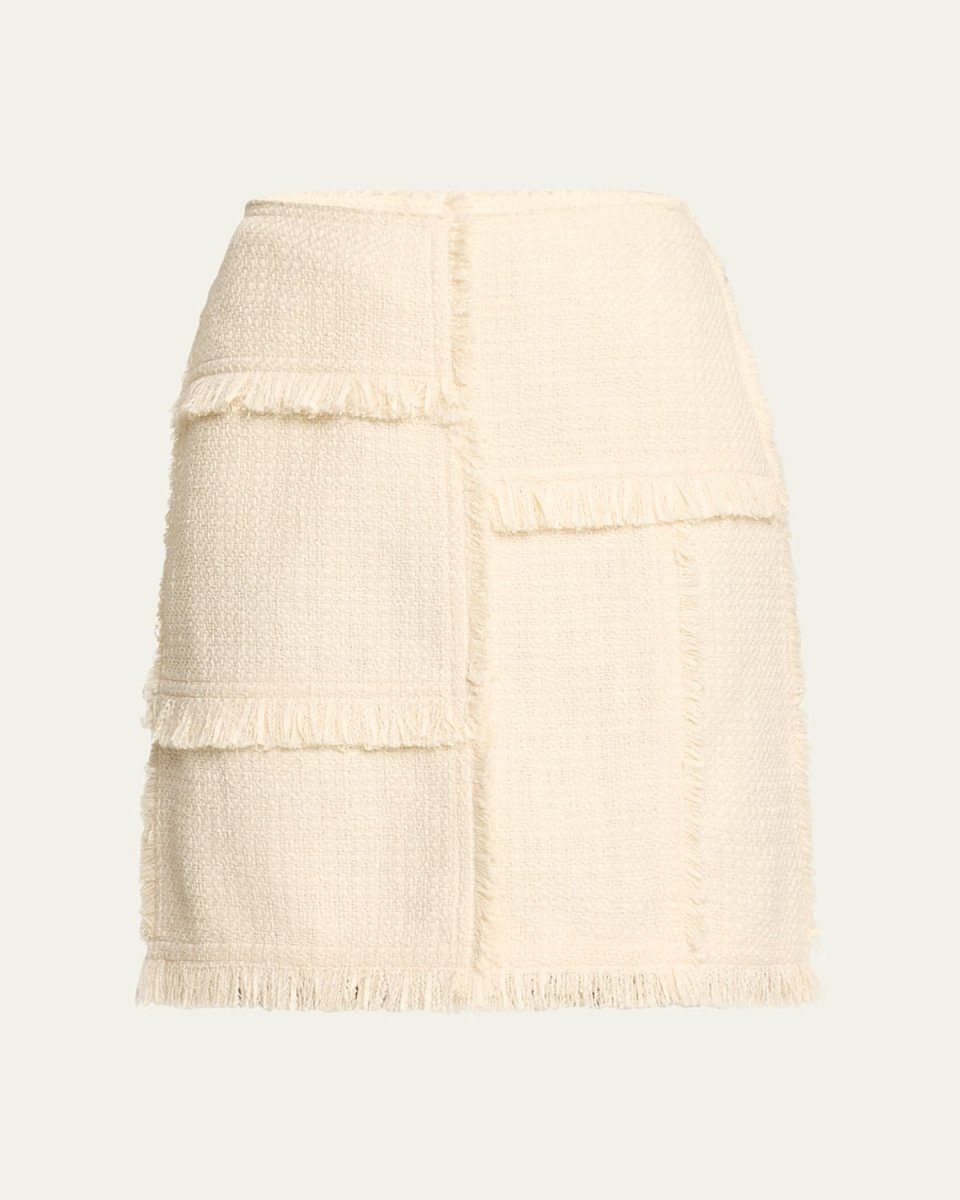 Fringe-Trim Boucle Tweed Mini Skirt