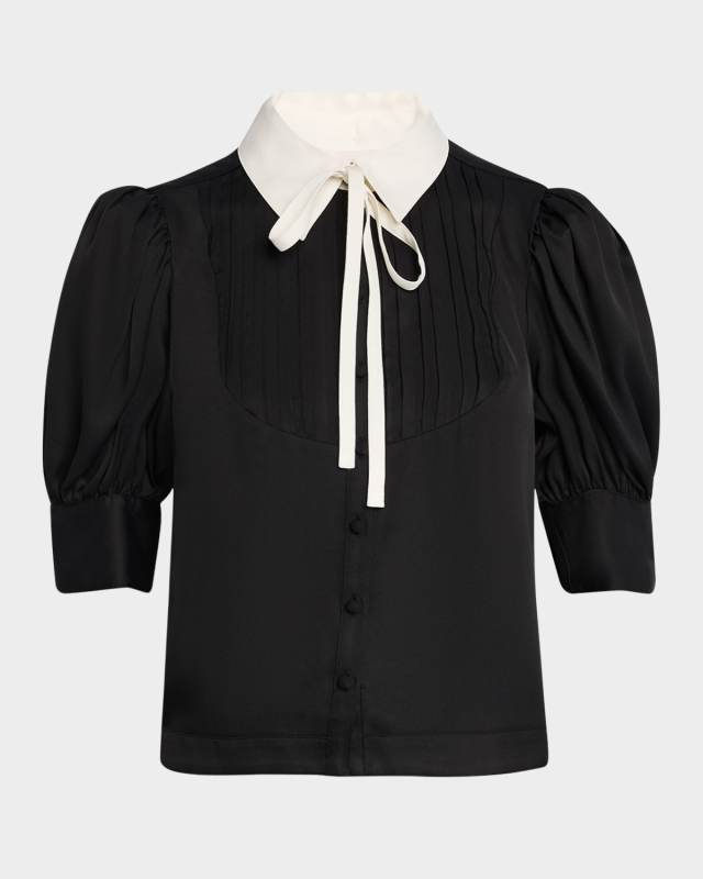 Farah Puff-Sleeve Tuxedo Bib Top