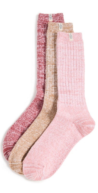 UGG Rib Knit Slouchy Crew Socks 3 Pack Pink Cedar/Chestnut/Rubious