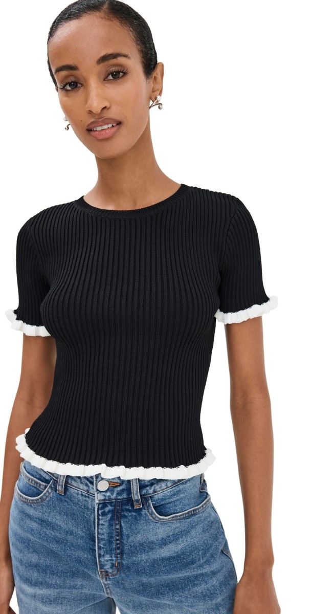 English Factory Ruffle Detailed Knit Top Black/White