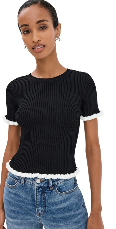English Factory Ruffle Detailed Knit Top Black/White