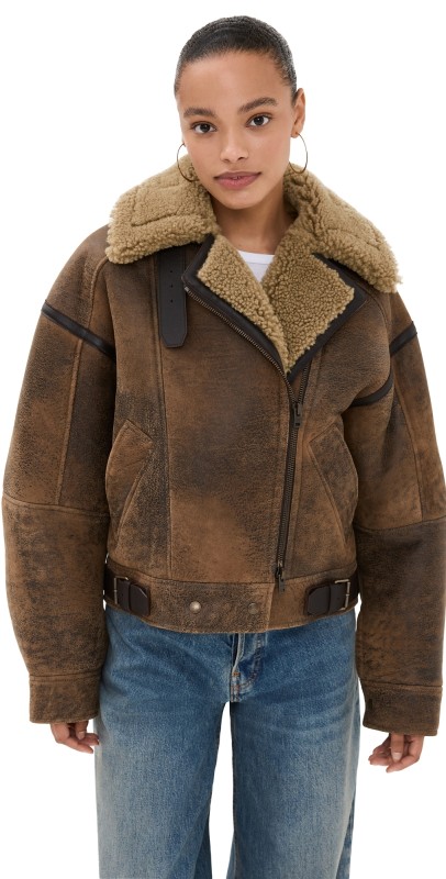 Acne Studios Lakota Shearling Biker Jacket Brown